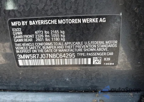 2022 BMW 330I xDrive из США, поврежденный, VIN 3MW5R7J07N8C64295